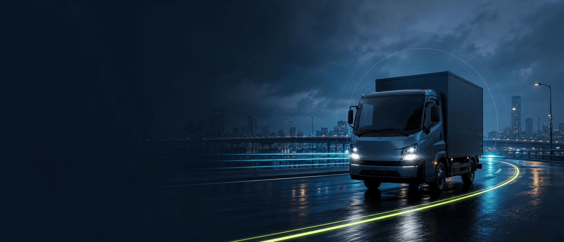 Electric delivery vehicle following a lit route through an Indian city at blue hour